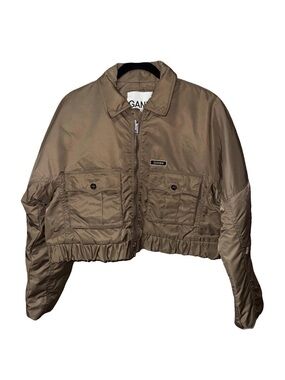 GANNI Cropped Bomber Jacket Fossil Brown Size 40 / US M NWT